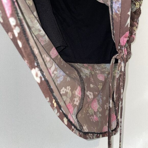 Brown Pink Floral Mesh Overlay Midi Skirt Ruched Tie Sz XL Boho Y2K Fairy - Picture 5 of 8
